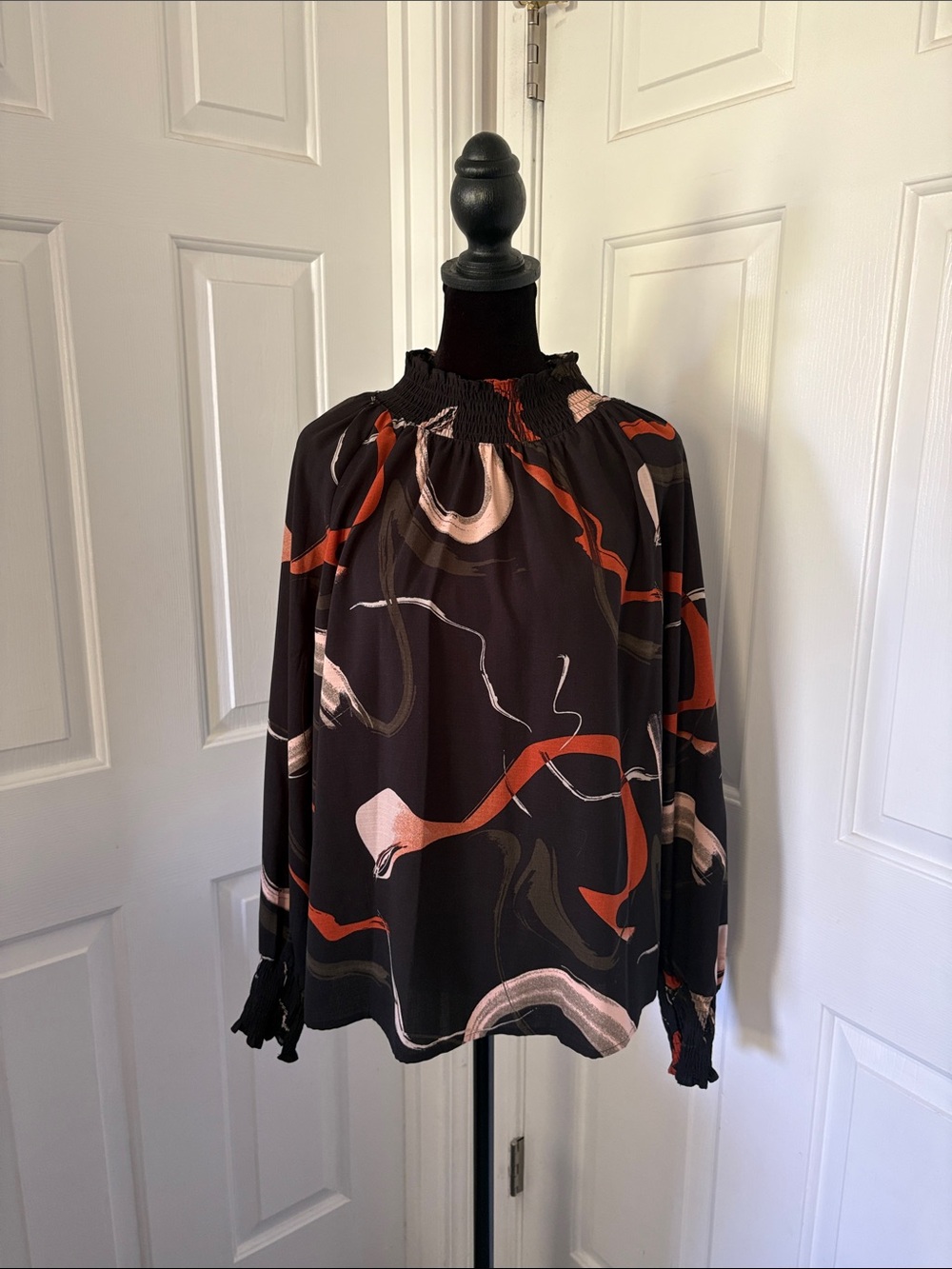 Nine West Black Blouse with Rust and Blush Abstract Print